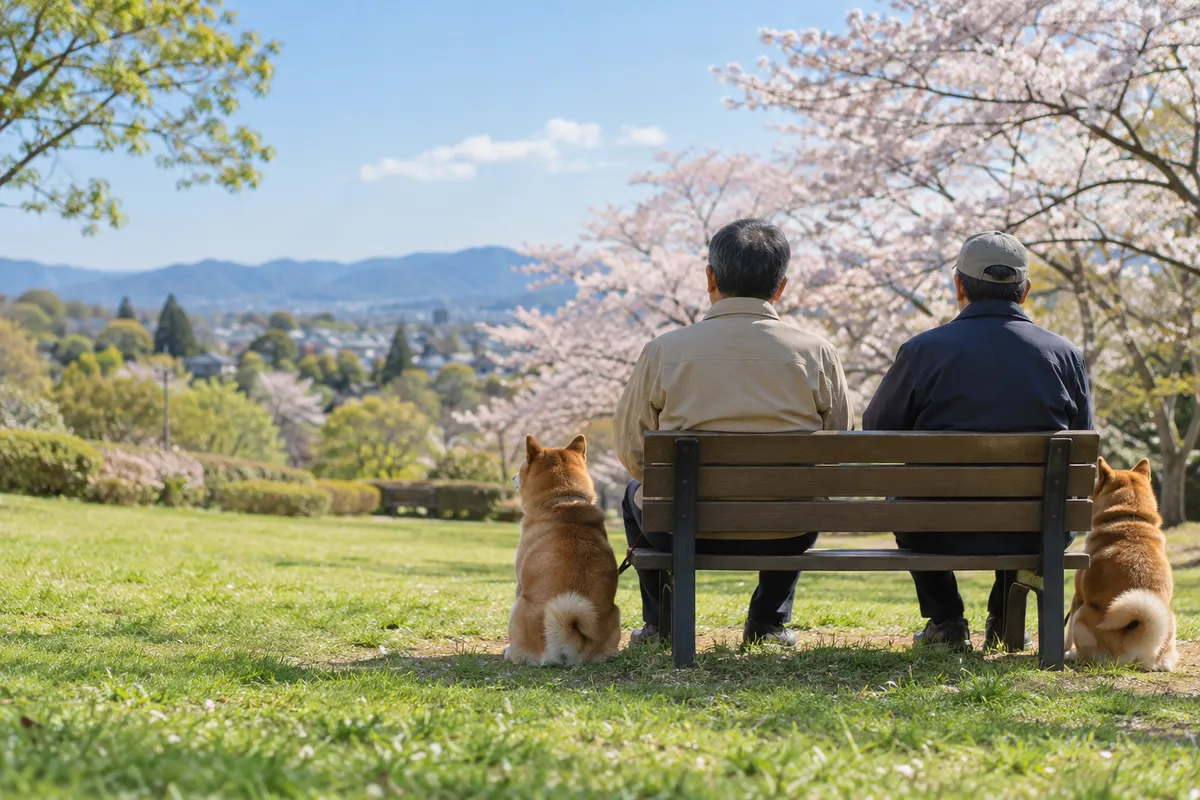 公園のベンチに座る男性たちと柴犬の後ろ姿