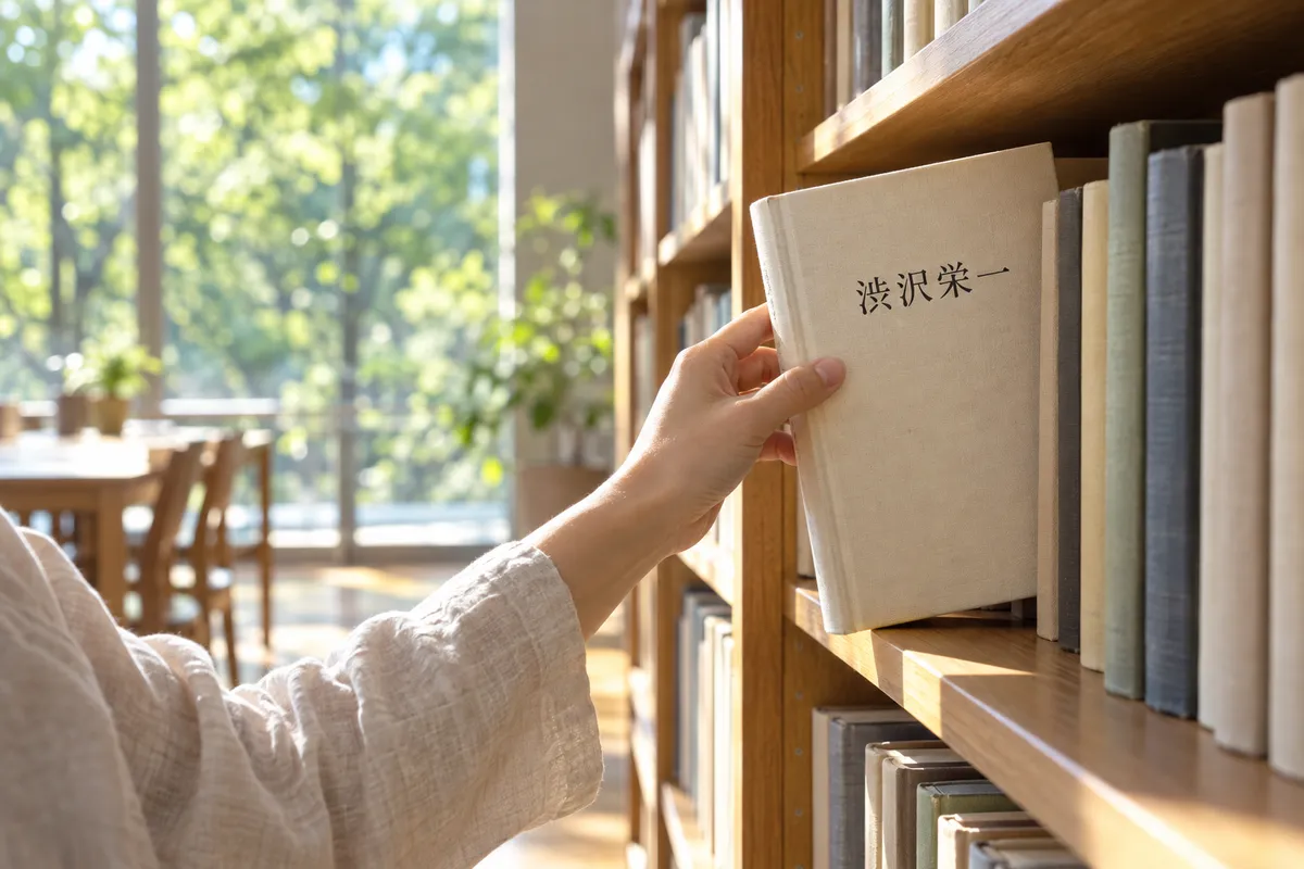 図書館の棚から渋沢栄一の本を取る手元
