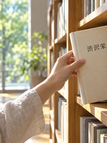図書館の棚から渋沢栄一の本を取る手元