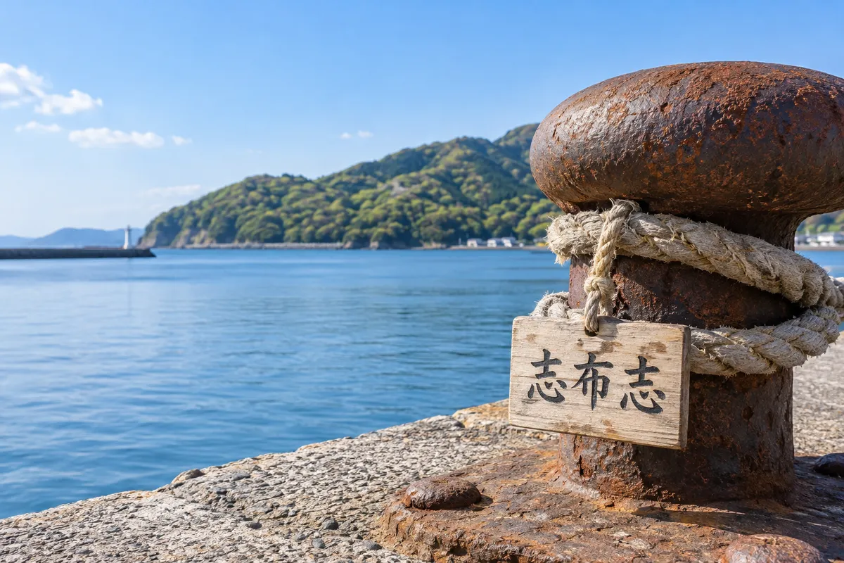 港の係留柱に下がる「志布志」と書かれた木の札