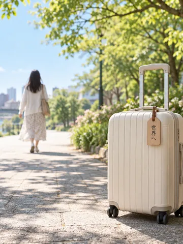 「世界へ」と書かれた札のついた小さなスーツケース