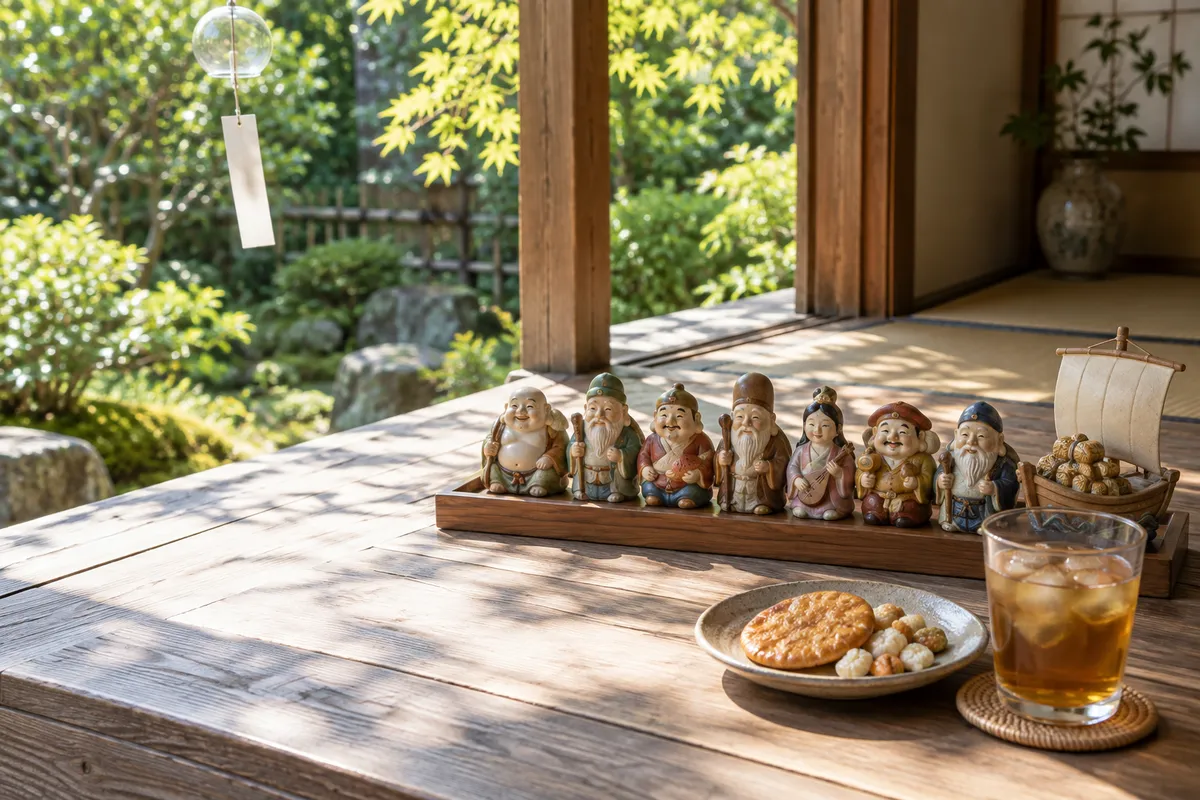 縁側に並ぶ七福神の置物と素朴なせんべい、麦茶