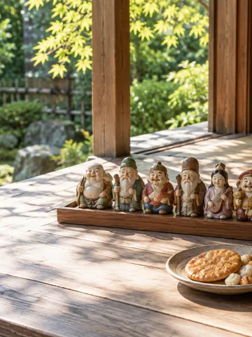 縁側に並ぶ七福神の置物と素朴なせんべい、麦茶