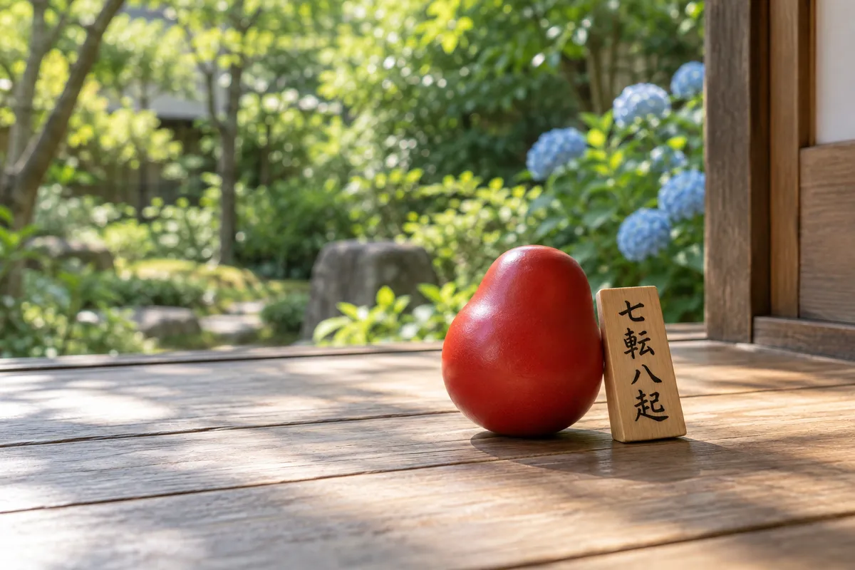 縁側の床で傾く赤い起き上がりこぼしと木の札