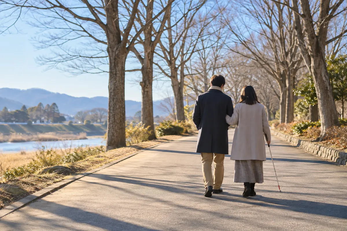 冬の日なたの並木道を歩く二人の後ろ姿