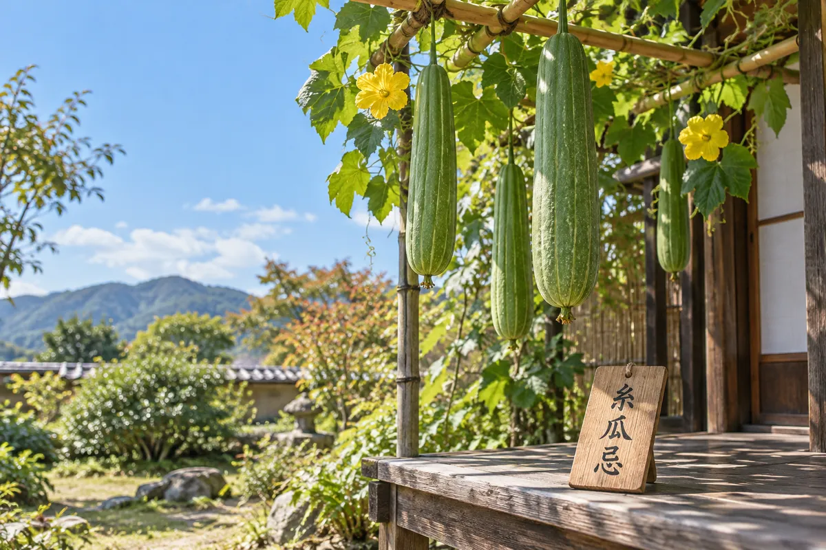 日なたの棚に下がる糸瓜と「糸瓜忌」の木の札