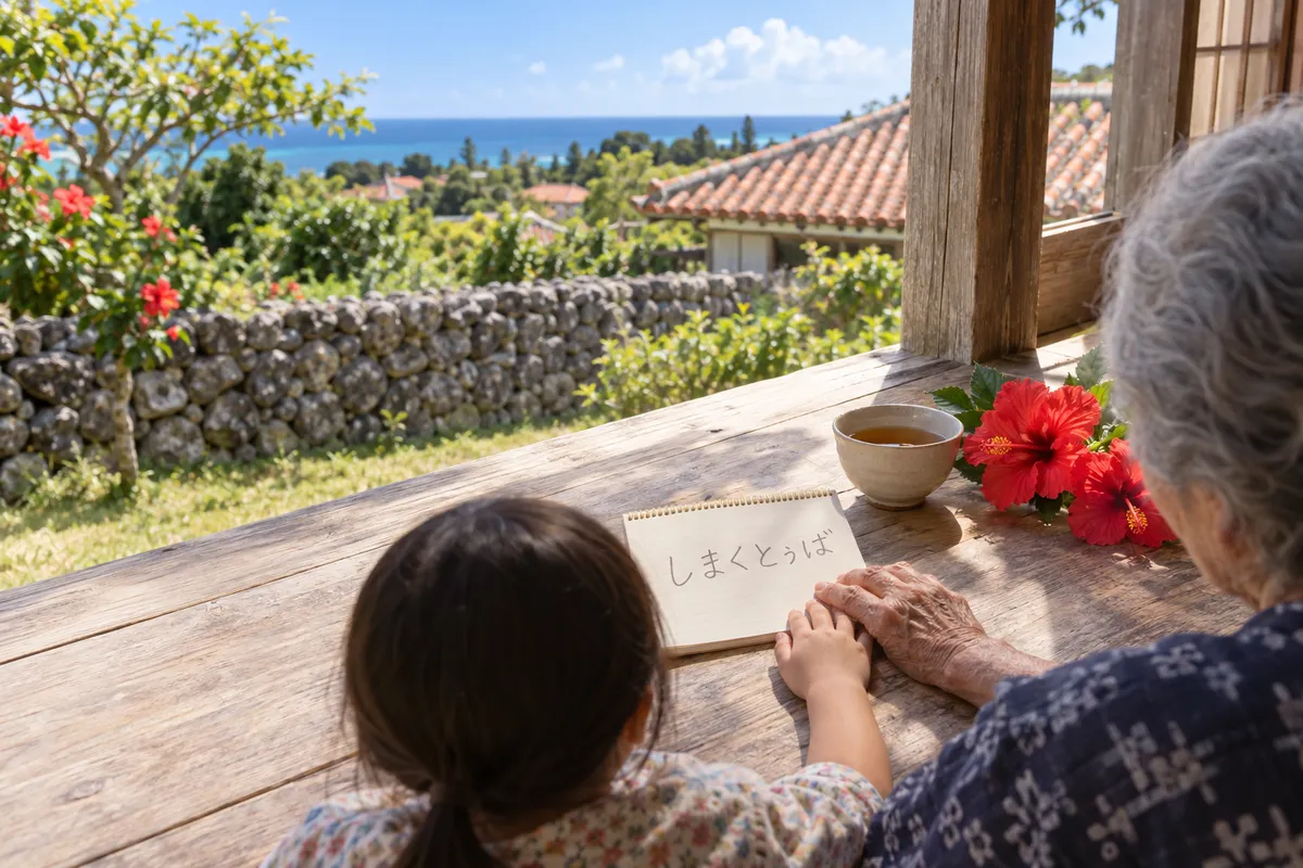 縁側で「しまくとぅば」とメモする手元