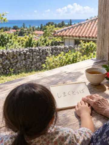 縁側で「しまくとぅば」とメモする手元