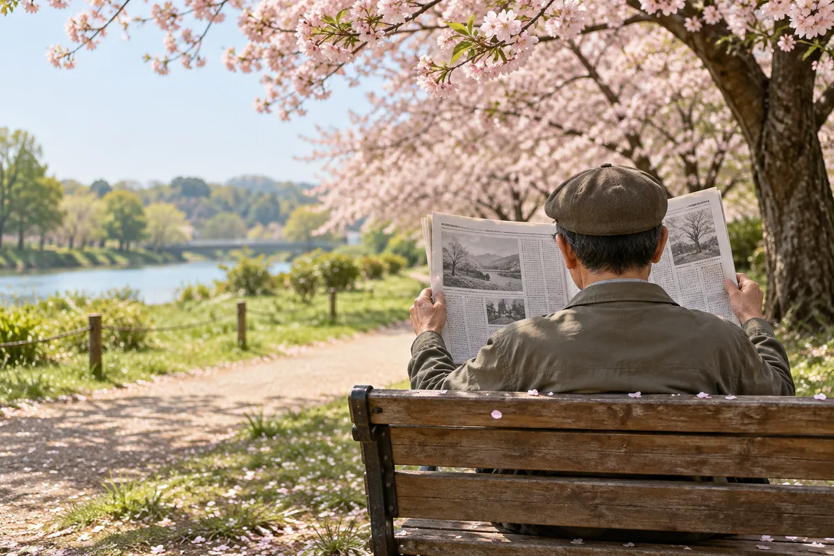 桜の下のベンチで新聞を広げる後ろ姿