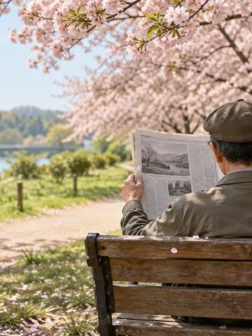 桜の下のベンチで新聞を広げる後ろ姿