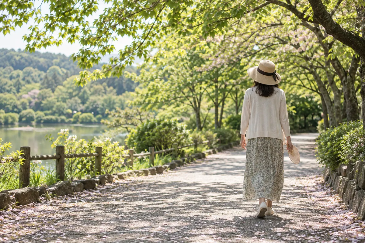 日差しの下、帽子をかぶり歩く後ろ姿