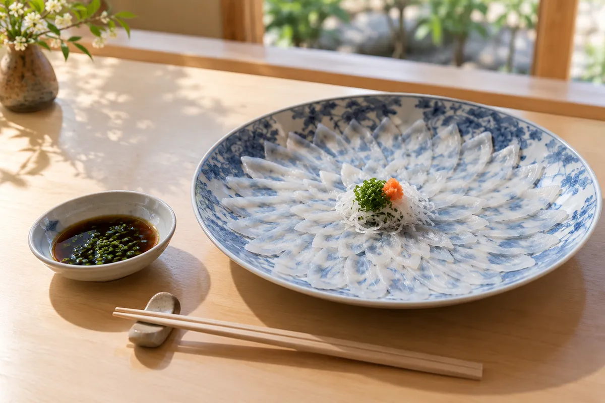 青い絵皿に菊の形に盛られたふぐ刺し