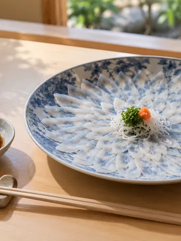 青い絵皿に菊の形に盛られたふぐ刺し