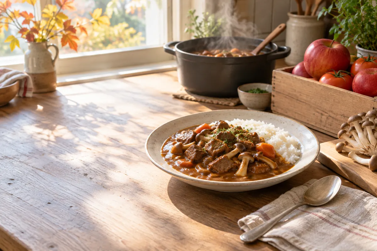 長野県産の野菜と果物を添えたカレーライス