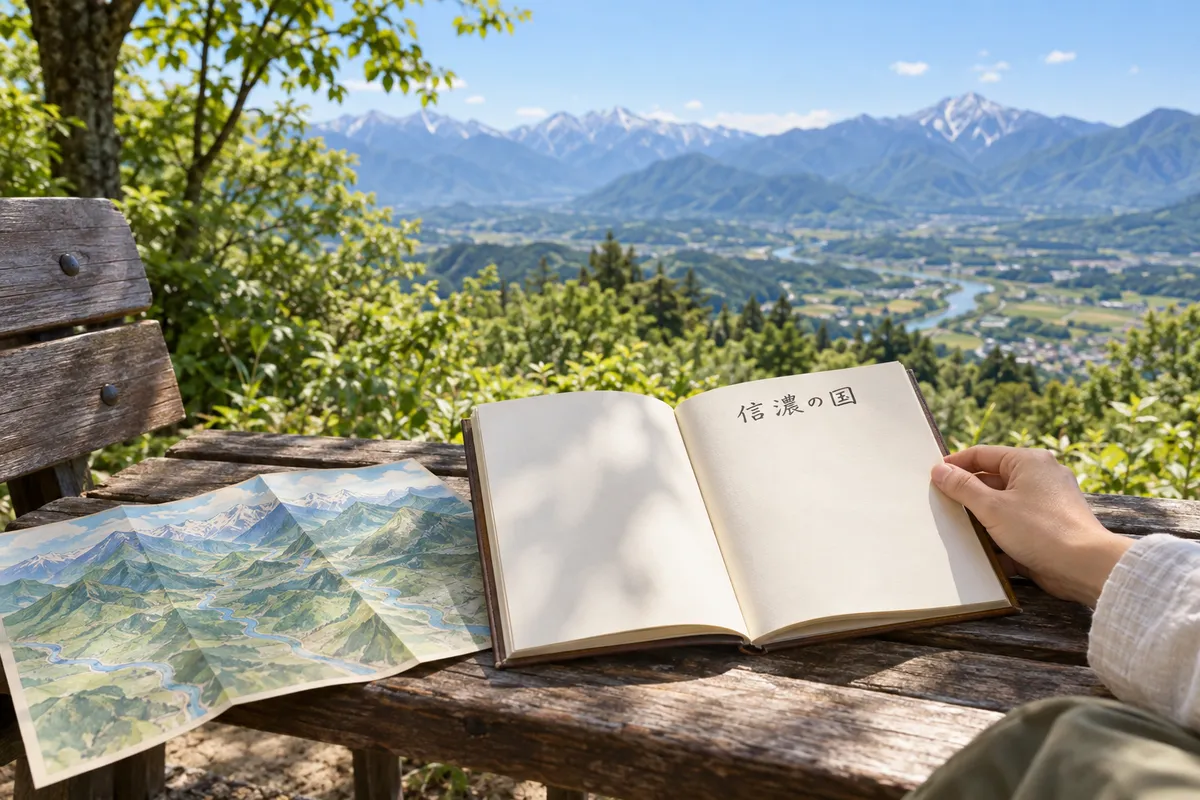 「信濃の国」と書かれた歌集と山の地図