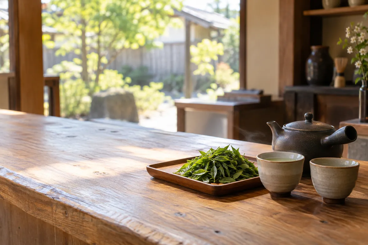 茶屋の店先に置かれた新茶の葉と急須、湯気の立つ湯のみ