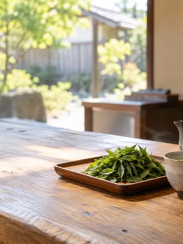 茶屋の店先に置かれた新茶の葉と急須、湯気の立つ湯のみ