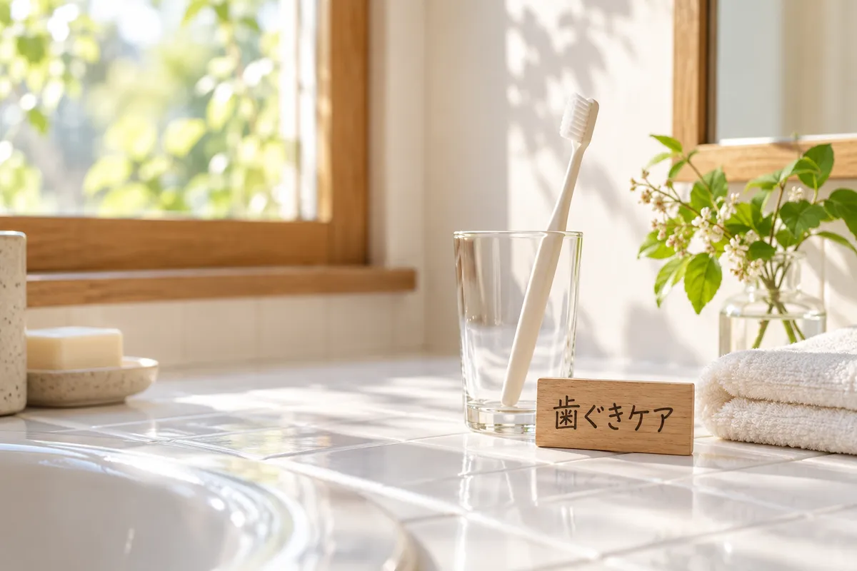 洗面台のコップの歯ブラシと「歯ぐきケア」の木札