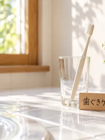 洗面台のコップの歯ブラシと「歯ぐきケア」の木札