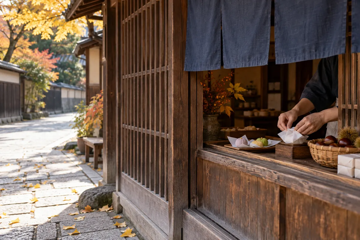秋の日差しが差す老舗の店先と和菓子を包む手元
