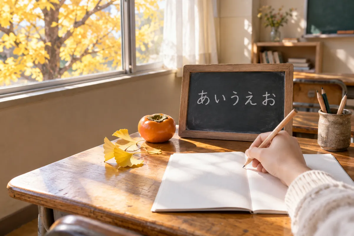 日本語を学ぶ机と、ひらがなを書いた小さな黒板