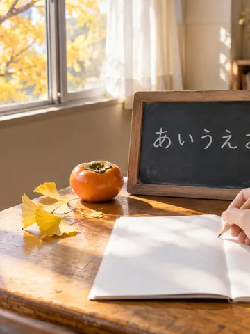 日本語を学ぶ机と、ひらがなを書いた小さな黒板