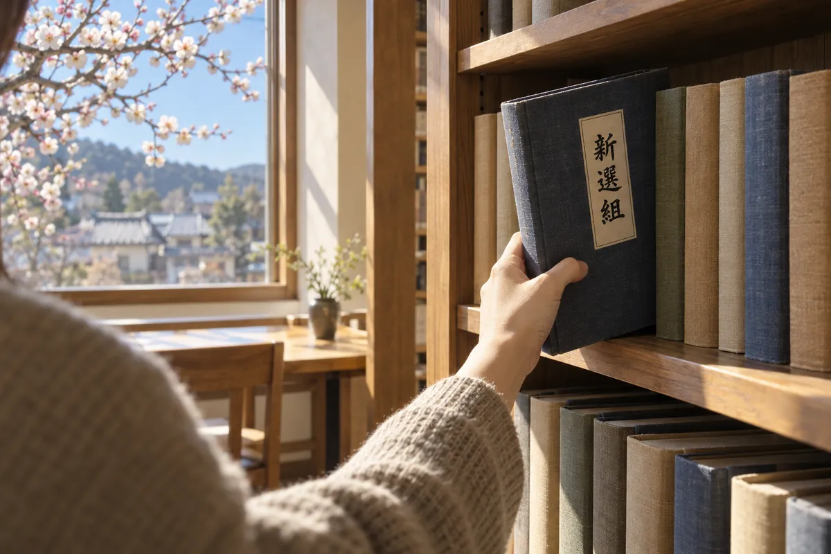 図書館の棚から「新選組」の本を取る手元