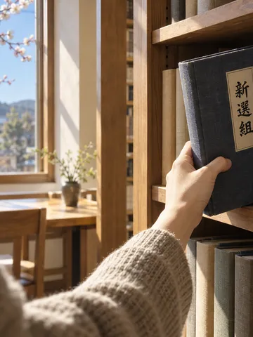 図書館の棚から「新選組」の本を取る手元