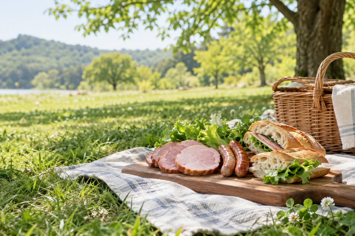 新緑の芝生でハムとソーセージを並べたピクニック