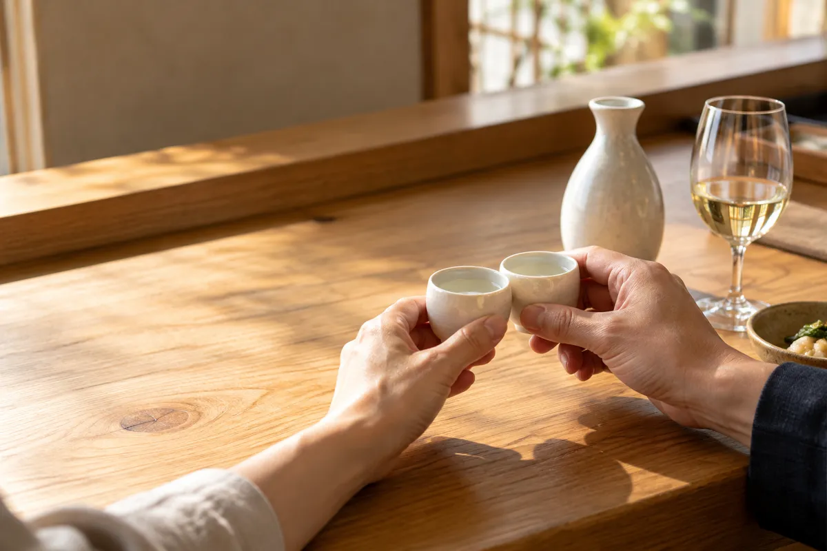 木のカウンターで杯を合わせて乾杯する手元