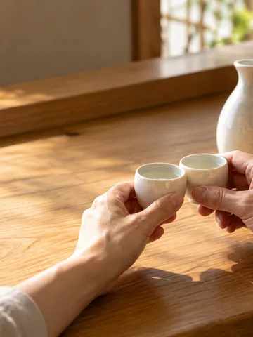 木のカウンターで杯を合わせて乾杯する手元