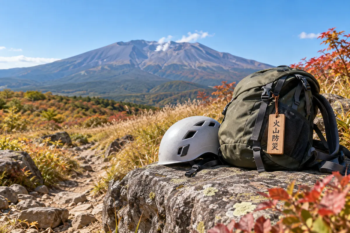 山道の岩に置かれたヘルメットと「火山防災」の木札
