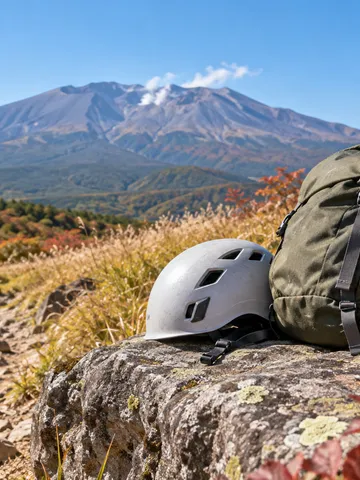 山道の岩に置かれたヘルメットと「火山防災」の木札
