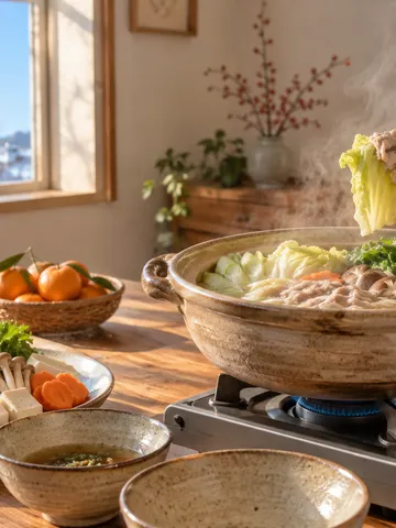 湯気の立つ鍋を囲む冬の食卓