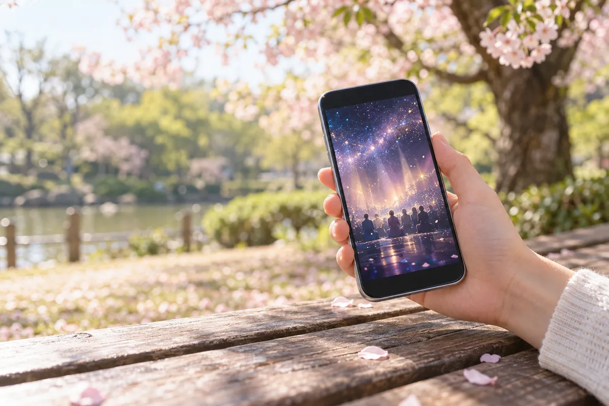 桜の木の下のベンチでスマホを持つ手元
