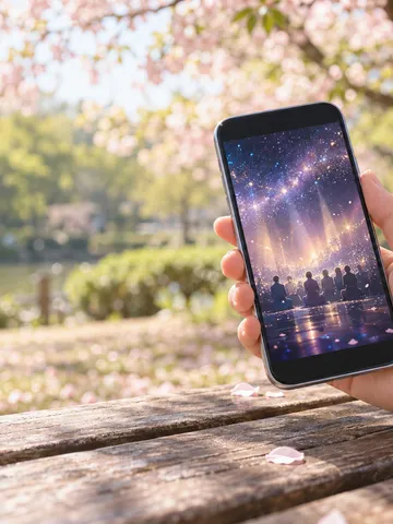 桜の木の下のベンチでスマホを持つ手元