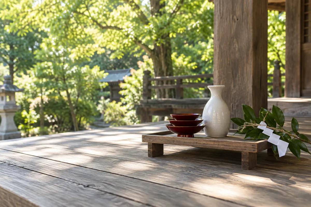 神社の縁側に置かれた三つ重ねの朱の杯と玉串