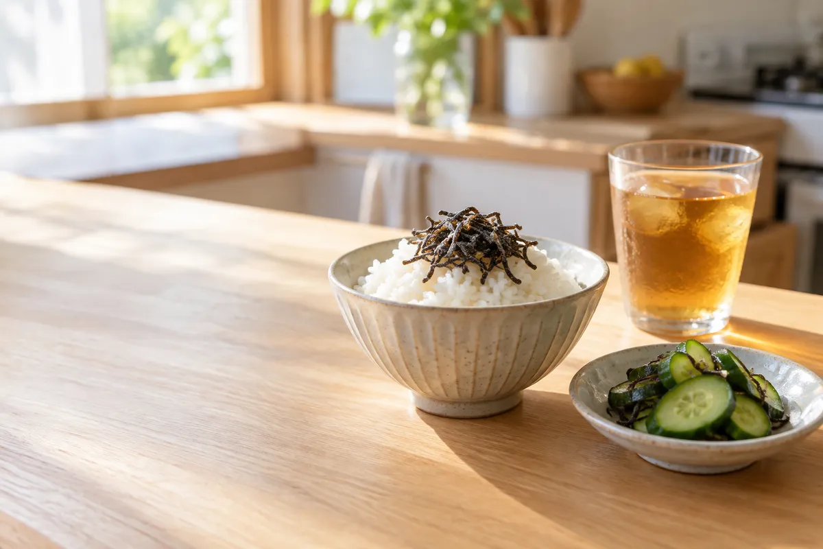 ご飯にのせた塩ふき昆布ときゅうりの和え物