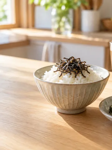 ご飯にのせた塩ふき昆布ときゅうりの和え物
