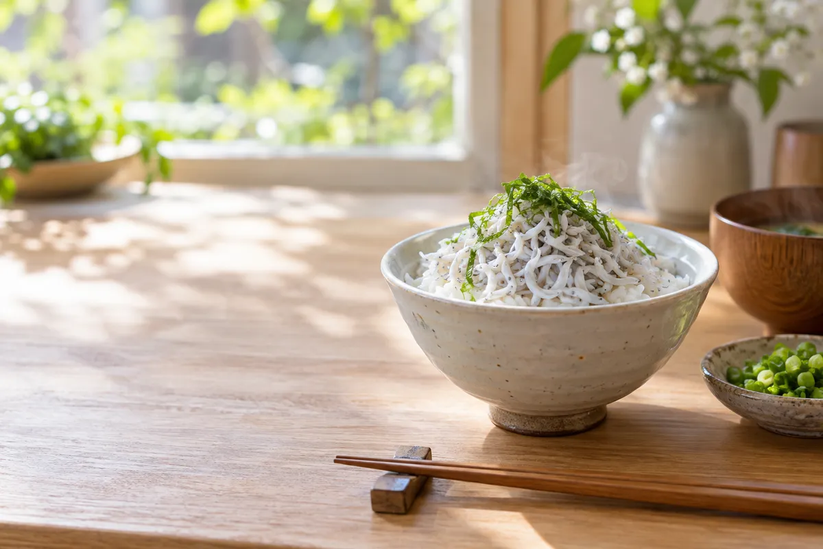 釜揚げしらすをのせたご飯と青じそ