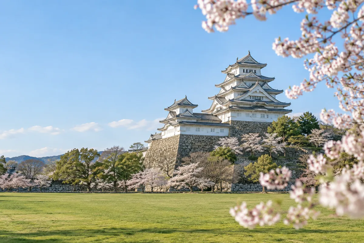 桜と青空を背にした白壁の天守と石垣