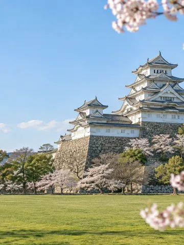 桜と青空を背にした白壁の天守と石垣