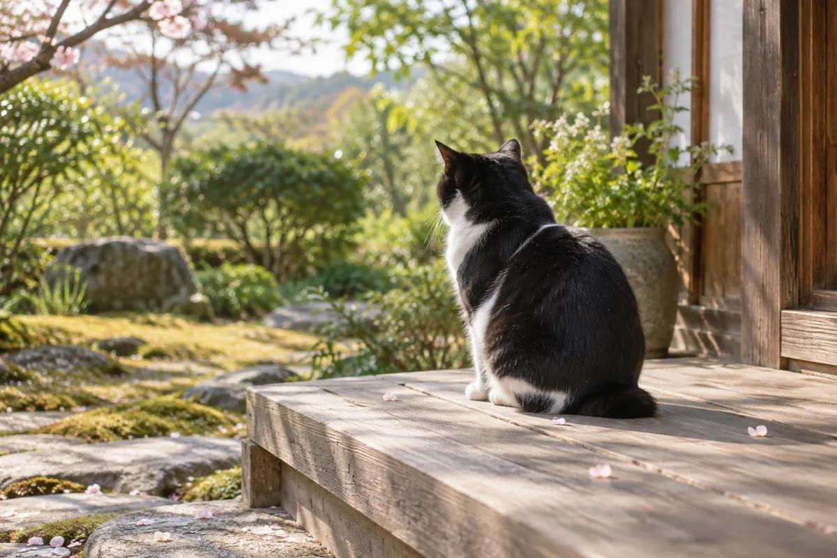 縁側の日なたに座る白黒猫の後ろ姿