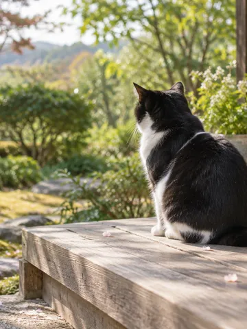 縁側の日なたに座る白黒猫の後ろ姿