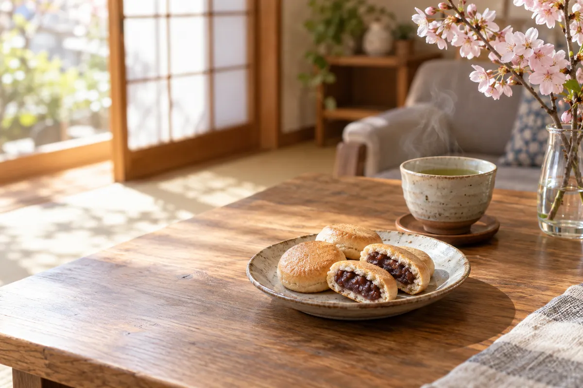 あんを挟んだビスケットと緑茶、桜の枝