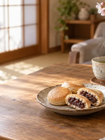 あんを挟んだビスケットと緑茶、桜の枝