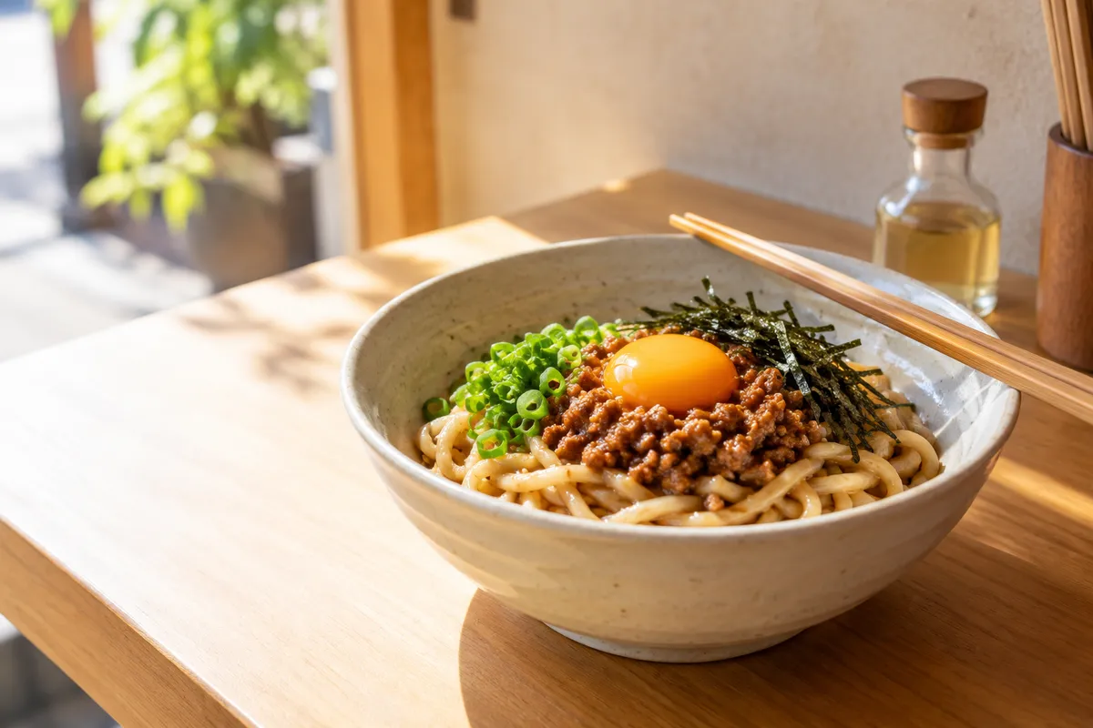 具材をのせた汁なしのまぜそばの器と箸