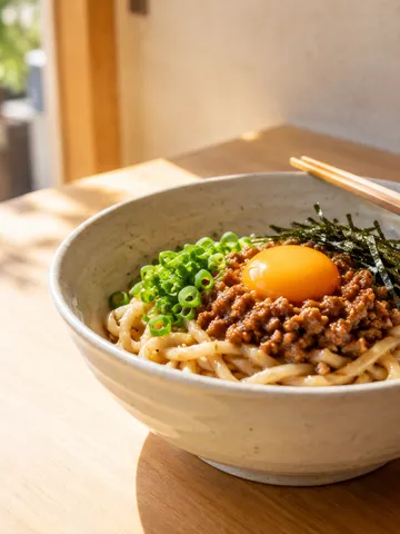 具材をのせた汁なしのまぜそばの器と箸
