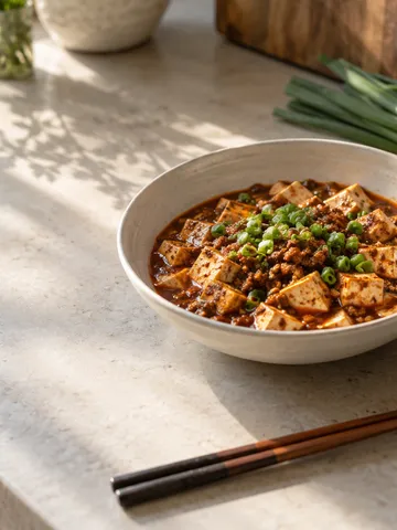台所に置かれた麻婆豆腐と花椒、唐辛子