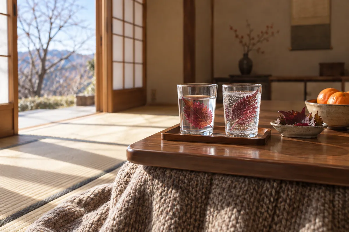 こたつの上の赤シソ入りの水割りとソーダ割り、みかん
